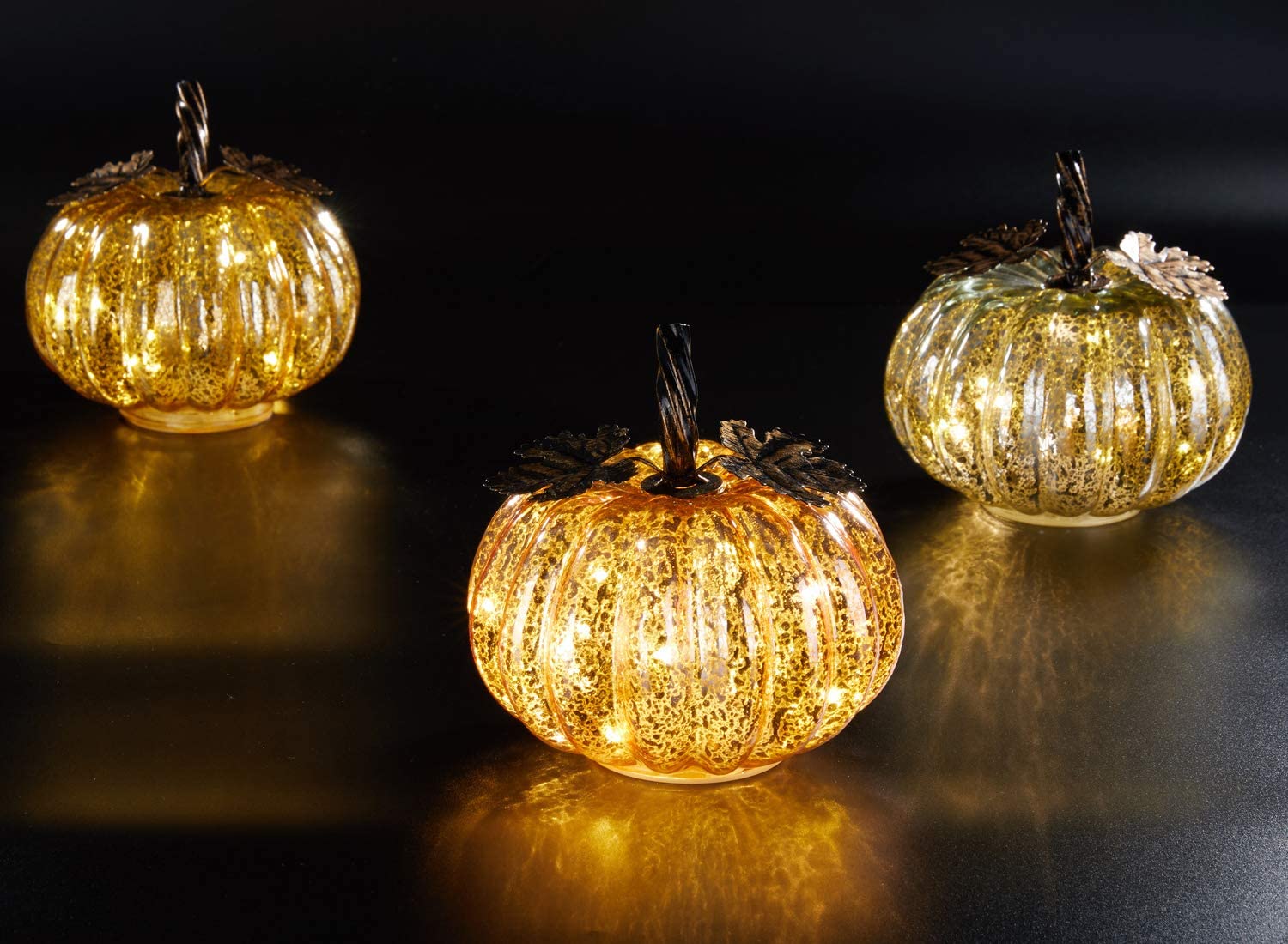 3 Citrouilles En Verre Avec LED – Déco Automne/Thanksgiving – Minuterie