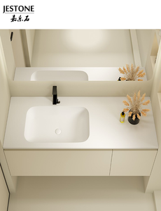 맞춤형 돌 욕실 가구 플로팅 카라라 화이트 대리석 더블 싱크 화장대 손 예술 디자인 세면대 - Product Image 6