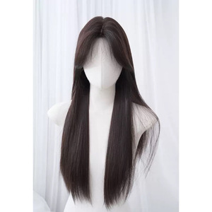 Perruque complète noire longue et droite, fabriquée à la machine, style doux, pour <span class=keywords><strong>femme</strong></span>, <span class=keywords><strong>avec</strong></span> <span class=keywords><strong>frange</strong></span> <span class=keywords><strong>mi</strong></span>-longue, effet naturel et volumineux, idéale pour le quotidien - Product Image 1
