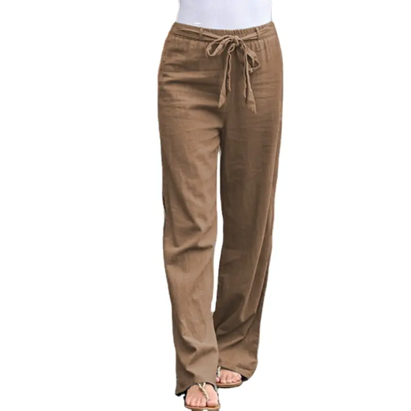 Women's loose cotton and linen wide-leg trousers in solid colour