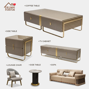Luxuriöses Italienisches Modernes Graues Hochglanz-Lackiertes Leder-Couchtisch-Set Holzrahmen Schubladenspeicher Metall Wohnzimmermöbel - Product Image 5
