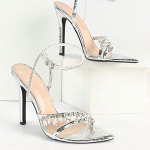 Sandalias de tacón de aguja con punta abierta y lentejuelas para mujer, estilo europeo-americano, elegantes, plateadas, de PU, para verano y otoño - Product Image 4