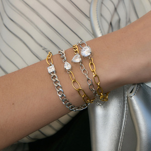 Pulsera de cadena de circonio de acero inoxidable para mujer, joyería apilable con forma de corazón geométrico, accesorio de moda para regalo - Product Image 3