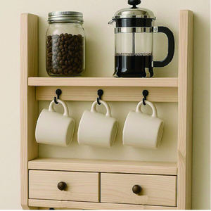 Étagère murale multifonctionnelle en bois vintage faite à la main pour la cuisine, support à tasses, organisateur de bar à café, crochets - Product Image 2