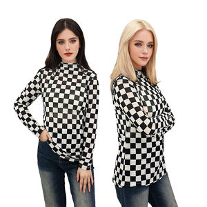 Tops Ajustados de Malla con Estampado Occidental y a Cuadros Personalizados, Tops de Manga Larga con Cuello Medio Alto, Ropa Casual para Mujer - Product Image 6