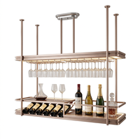 Porte-vin suspendu au plafond en acier inoxydable couleur or rose, étagère de bar à double niveau avec porte-verres et porte-bouteilles pour la décoration de cave à vin