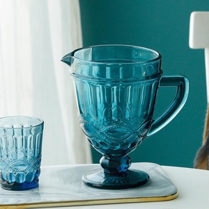 Juego de <span class=keywords><strong>7</strong></span> vasos de cristal de color azul prensado, copas de vino, Copas de agua, venta al por mayor - Product Image 2