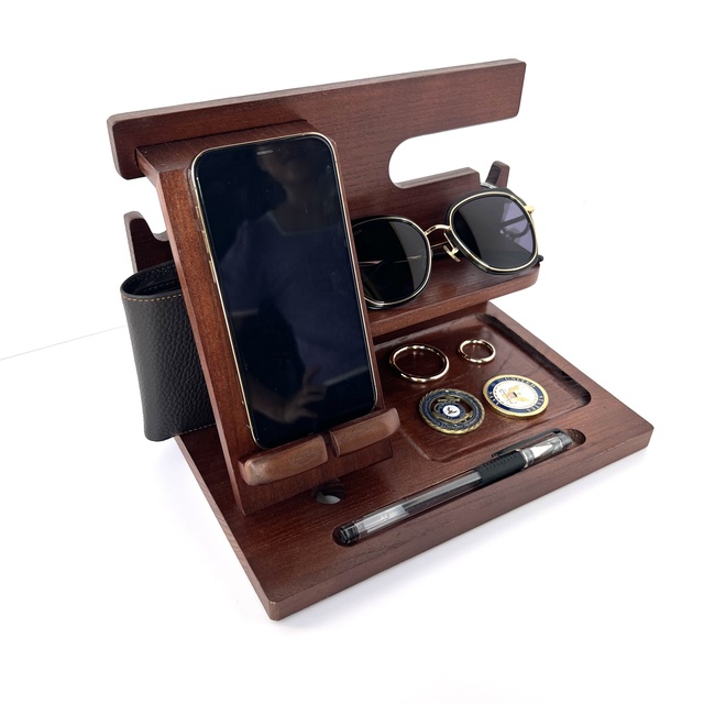 Customized Foldable Wood Phone Docking Station Organizer With Key Holder Wallet Stand Watch Stand-Gift for Men Home Office Use