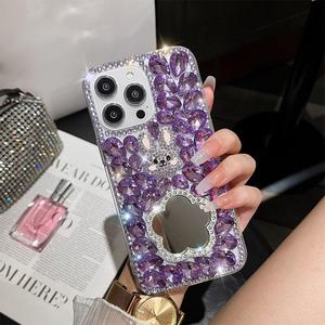 Custodia per telefono di lusso a specchio con fiore di coniglio in cristallo pieno diamante 3D per <span class=keywords><strong>iPhone</strong></span> XS XR <span class=keywords><strong>11</strong></span> 12 13 14 15 16 <span class=keywords><strong>Pro</strong></span> <span class=keywords><strong>Cover</strong></span> posteriore <span class=keywords><strong>Max</strong></span> - Product Image 5