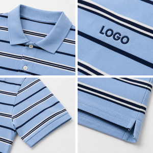 Men's Blue Striped Cotton Polo <b>Shirt</b> Short Sleeve Casual Breathable Oxford Front Logo Design - Product Image 3