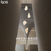 Lustre LED en Alabâtre Espagnol Transcendant, Suspension Luxe en Laiton Géométrique Moderne pour Escalier