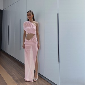 Trendy Mesh Tube Crop Top Side <span class=keywords><strong>Cut</strong></span> Out Slash Neck Hollow Out Slit Midi Mujeres Vestido sexy - Product Image 3