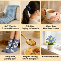 Ensemble cadeau Lunaire Cozy Blue Serenity, couverture en velours, chaussettes douces, tasse en céramique, fleur faite à la main, kit de soins personnels pour femmes