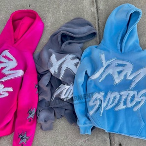 OEM Manufacturer Street Wear Cut Edge Raw Hem Crop <b>Top</b> Pullover Hoodies Custom logo Rhinestone 3d Puff Print Hoodies - Product Image 2