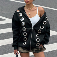 Sweat-shirt à capuche zippé en polaire surdimensionné pour femme, style gothique Y2K grunge, avec œillets métalliques, fabrication OEM