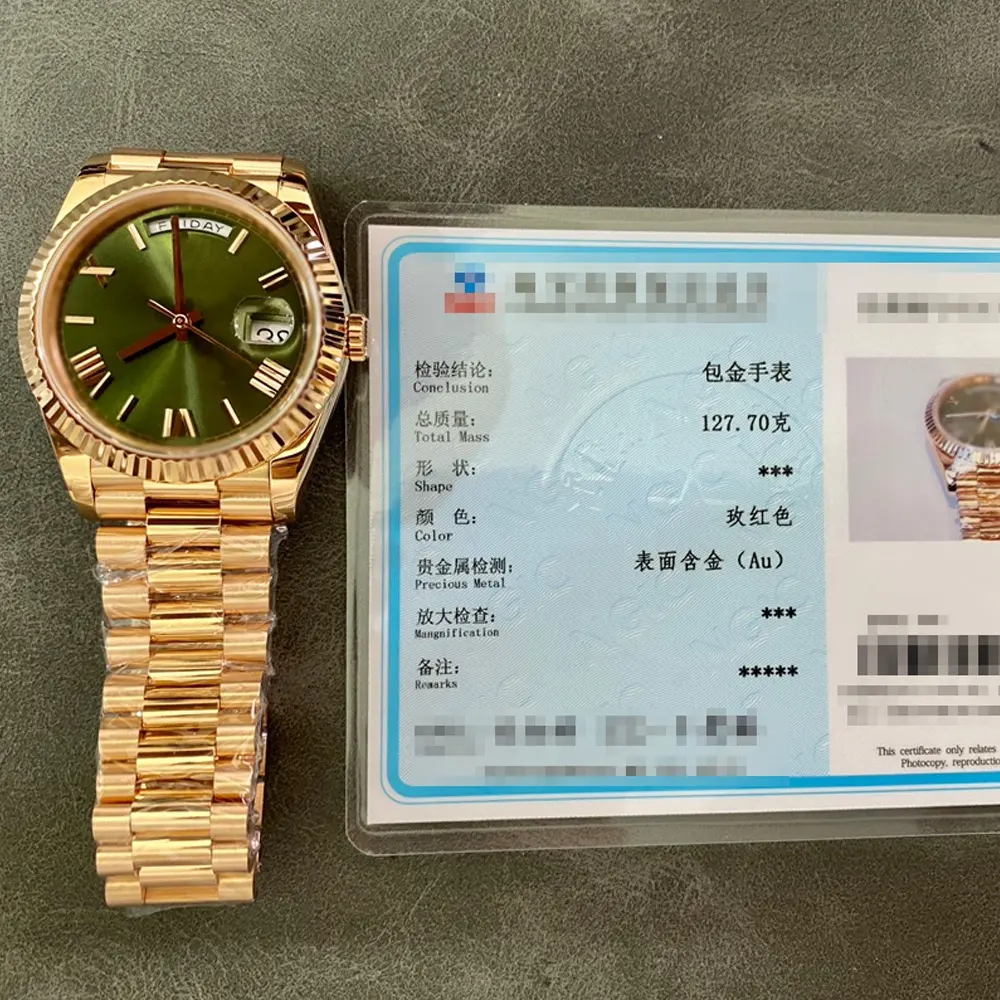 Relógio clássico 18K Gold Wrap com mostrador verde e data e semana, relógio de luxo de 40 mm em aço dourado para mulheres e homens de negócios