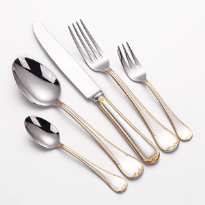 Bán buôn sang trọng bạc vàng đám cưới thép không gỉ Flatware Vàng muỗng dao nĩa đặt 5 cái 304 thép không gỉ thiết lập dao kéo - Product Image 1