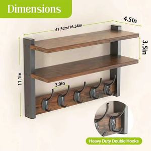 Étagère murale multifonction vintage en bois massif noir sablé rectangulaire avec 5 crochets en fer, élégante et robuste - Product Image 4
