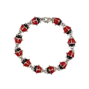 红色珐琅画女性瓢虫手链时尚链式手链，红色和黑色油独特设计