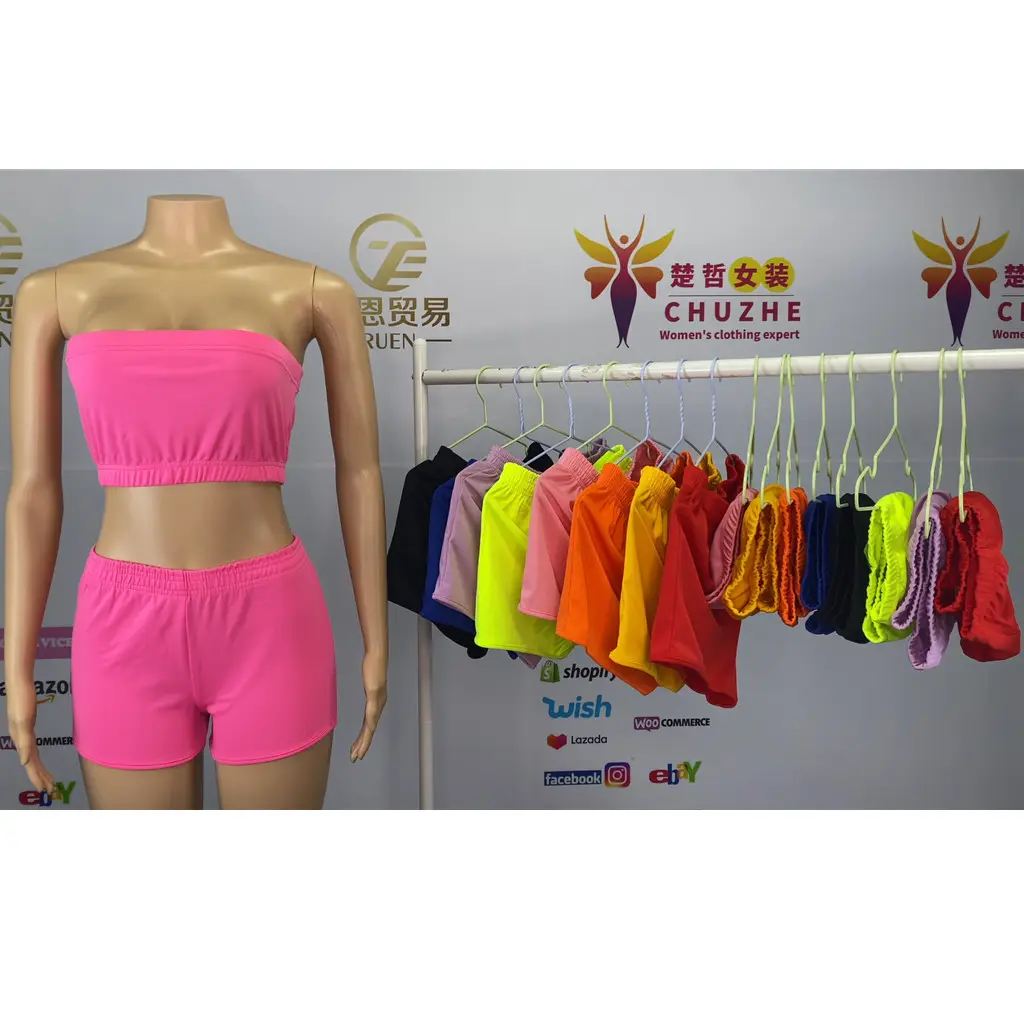 Tenue d'été tendance pour femmes, vêtement de détente extensible, épaules dénudées, haut court, short cycliste, ensemble 2 pièces, 2023