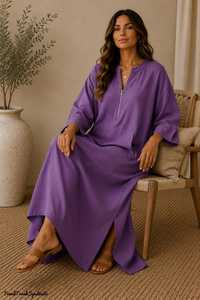 Womens Purple Linen Cotton Long <b>Kaftan</b> <b>Maxi</b> Dress V-neck A-Line Zipper Front Robe Modest Boho Vacation Wear B2B Export Wholesa - Product Image 3