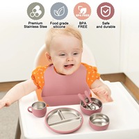 Ensemble de 7 pièces en acier inoxydable 304 pour l'alimentation des bébés et des tout-petits : assiettes et bol à ventouse avec compartiments, cuillère, fourchette et kit de sevrage en silicone