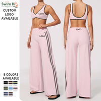 Ensemble de yoga OEM avec détails contrastants, soutien-gorge de sport à col en V, pantalon large, tissu effet seconde peau, tenue de yoga athleisure, fabricant sur mesure