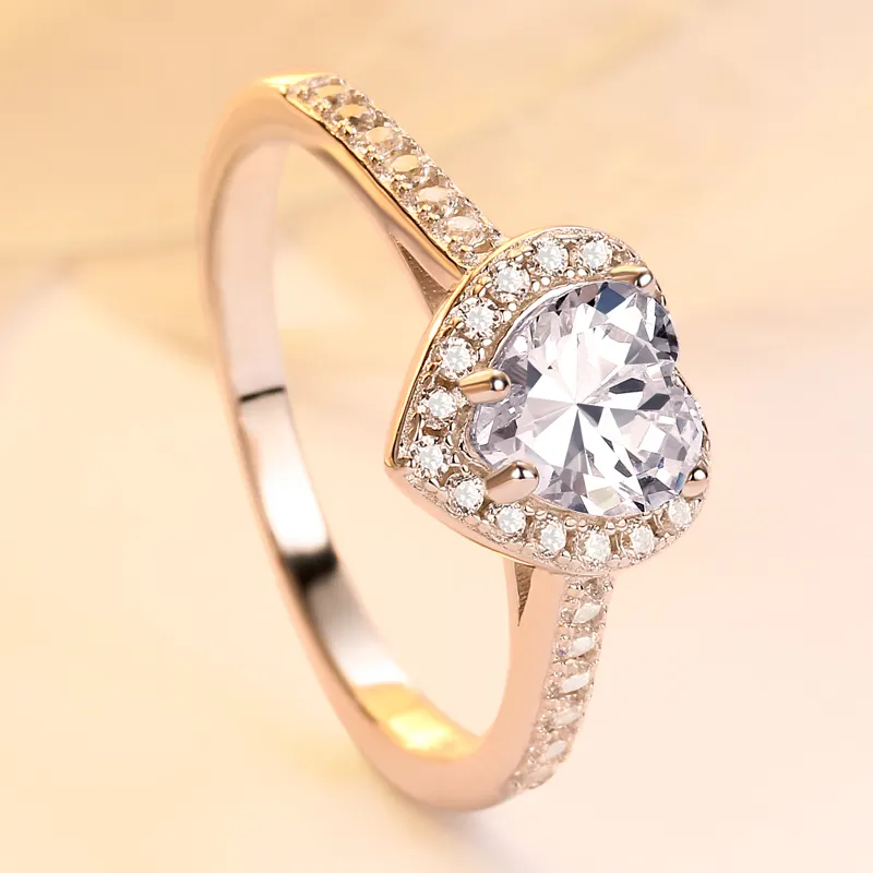 Perhiasan Pesanan Kustom dari Cina 925 Perak Murni Cincin Dua Hati Halo Pertunangan Cincin Janji untuk Wanita