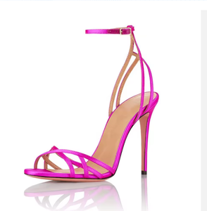 Sandalias de tacón alto para mujer con correa y hebilla personalizadas, color <span class=keywords><strong>rosa</strong></span> <span class=keywords><strong>fucsia</strong></span>, satén liso, MOQ bajo, zapatos de fiesta para mujer - Product Image 2