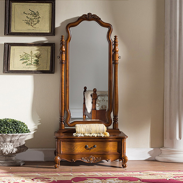 New Design European Style Wooden Floor Standing Mirror with Drawer Full Length Mirror Bedroom Furniture Dressing Mirror