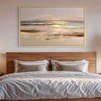 Art mural océanique, paysage marin bleu et or au lever du soleil, peinture à l'huile peinte à la main sur toile pour la décoration moderne du salon