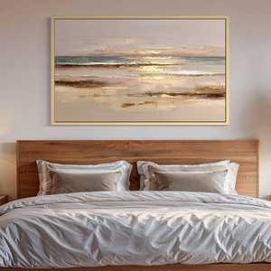 Art mural océanique, paysage marin bleu et or au lever du soleil, peinture à l'huile peinte à la main sur toile pour la décoration moderne du salon - Product Image 2