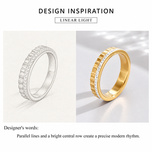 Anillo de banda texturizado en tono dorado con fila de acentos de piedra transparente y borde acanalado, joyería moderna apilable - Product Image 4