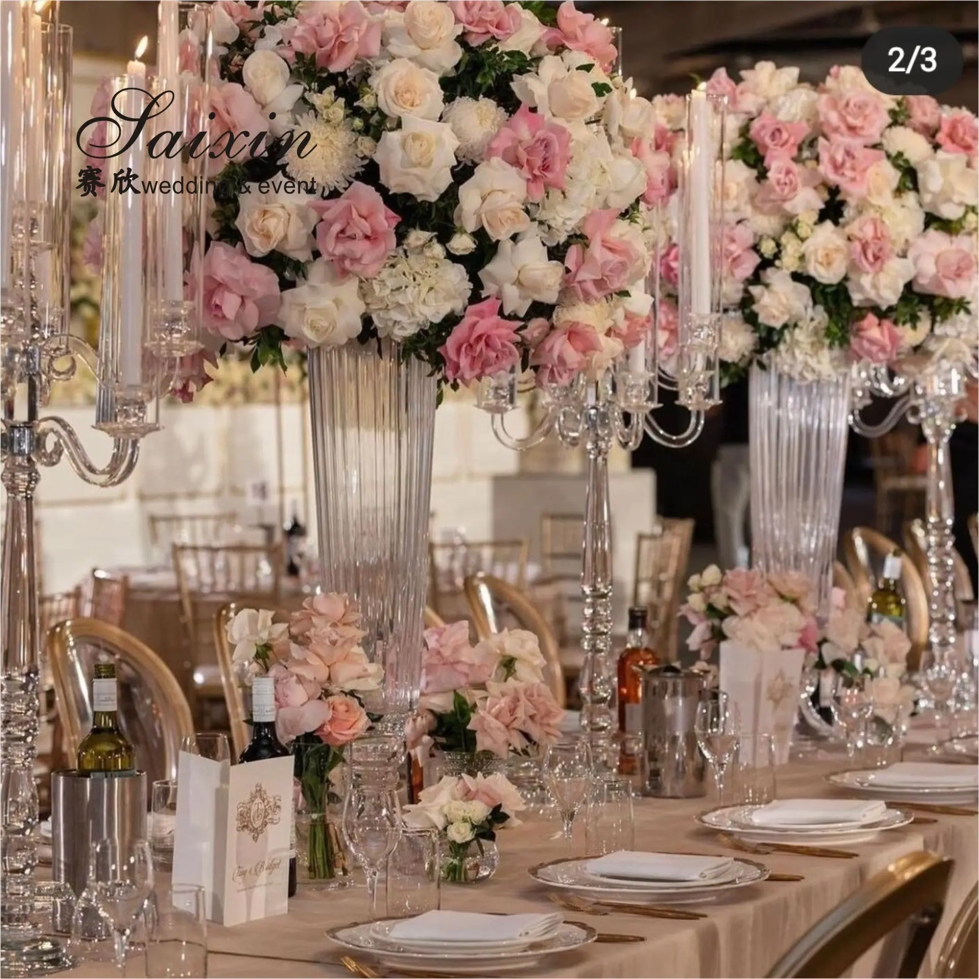Floreros de cristal transparente para decoración de eventos de boda, cono alto a rayas, precio de fábrica
