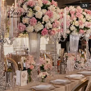Vase à fleur en verre clair à cône haut rayé de prix usine pour la décoration d'événement de mariage
