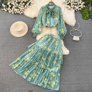 Camisa de gasa estampada suelta <span class=keywords><strong>con</strong></span> lazo de manga <span class=keywords><strong>larga</strong></span> <span class=keywords><strong>con</strong></span> farol maduro ligero Floral de verano para mujer <span class=keywords><strong>falda</strong></span> de cintura alta de dos piezas 172 - Product Image 6