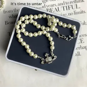 Collana Saturno in Rame con Perle Finte e Pietre Naturali, Stile Retrò, di Tendenza, Lusso Leggero, Catena Sportiva da Donna - Product Image 4