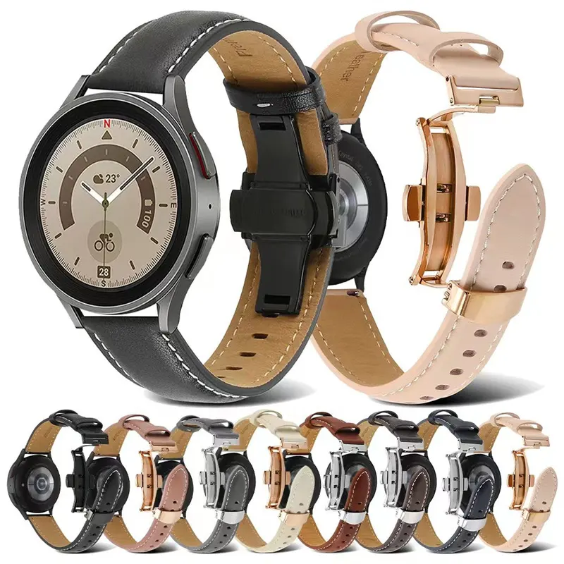 Echt Lederen Horlogebandriemen Met Vlinder Inzet Duwsluiting Voor Samsung Galaxy Watch6 5 4 3 Active 2