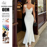Robe longue personnalisée pour femme, col licou, à pois, dos nu, col en V, coupe sirène, ajustée, sexy, style français, décontractée d'été
