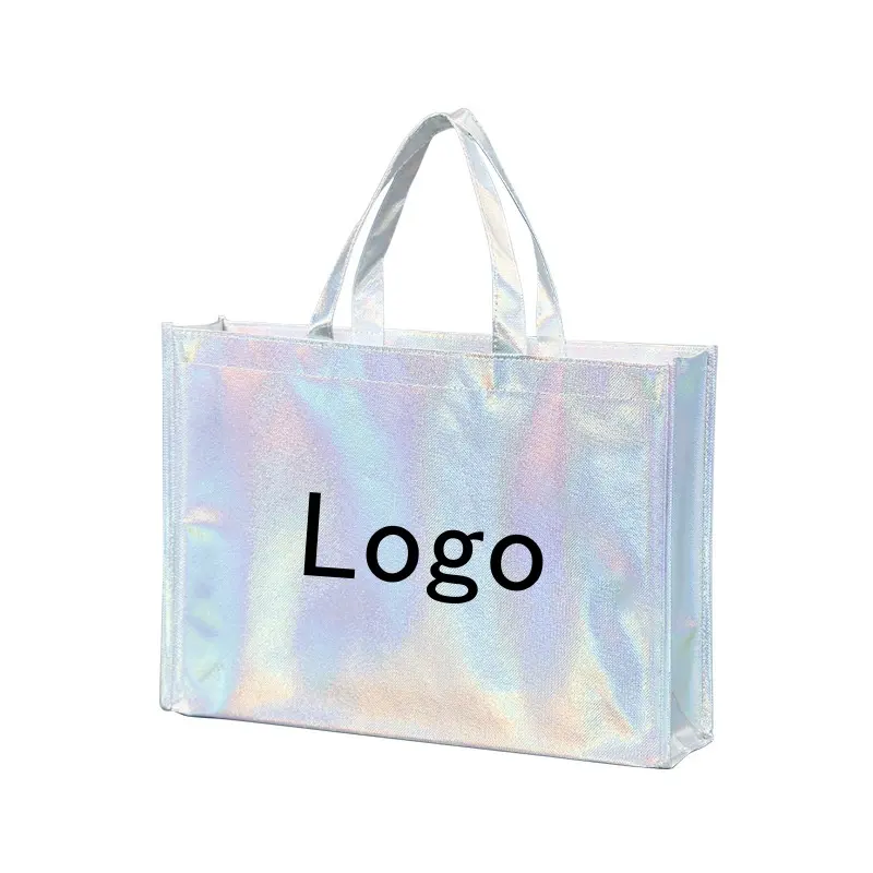 Custom Reusable Metallic Non Woven Shopping Bag Holographic Fashion Christmas Iridescent Non-woven Gift Tote Bags Gloss Glitter