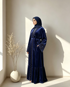 1857# Autumn Winter Modest Abaya Loose Sleeves Front Open Cardigan <b>Sequins</b> Mesh Velvet Warm Coat Abayas for Muslim Women - Product Image 2