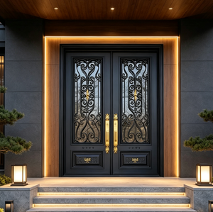 Puerta Principal de Entrada de Hierro Forjado de Lujo Personalizada, Negra con Tallado Dorado, Puerta de Seguridad Exterior para Villa con Arco y Ventana Superior - Product Image 3