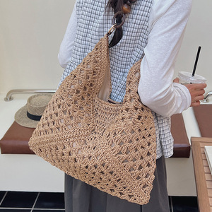 Borsa Tote Boho in Paglia Intrecciata all'Ingrosso, Borsa a Mano all'Uncinetto Fatta a Mano con Manico in Legno e <span class=keywords><strong>Perline</strong></span>, Grande Borsa da Spiaggia Estiva da Donna con Chiusura Magnetica - Product Image 5