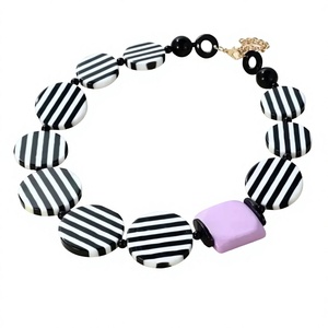 Cute Geometric Resin Beaded <b>Necklace</b> Black White Striped Acrylic Resin Women Fashion <b>Statement</b> Jewelry Chunky Pendant Design - Product Image 4