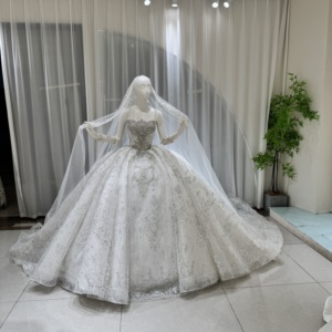 Lsoy063 Modern Luxury Crystal Beaded Wedding Dress Sweetheart <b>Silver</b> Pattern Ball Gown Chapel Train Floor-Length Backless Veil - Product Image 1