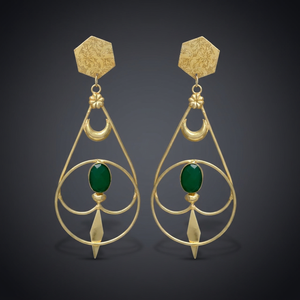 Boucles d'oreilles pendantes en laiton plaqué or avec pierre précieuse onyx vert, faites à la main, style ethnique, pour femmes et unisexe - Product Image 2