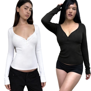 Camiseta Clásica Casual de Manga Larga con Cuello en V, Tejido Elástico Cómodo, Ecológico, Transpirable, de Color Liso, Corte Ajustado y Versátil - Product Image 1