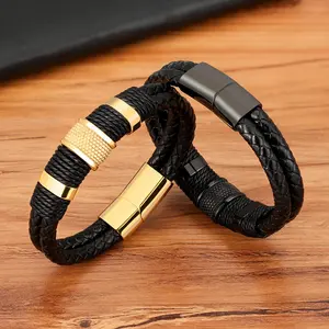 Fashon Logo gratuit gravé tissé PU cuir hommes Bracelets en acier inoxydable matériel Bracelets pour cadeaux