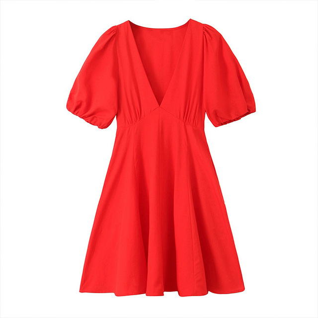 Women 2024 Summer New Fashion Red Mini Dress Vintage V-neck Short Sleeve Female Dresses Vestidos Mujer