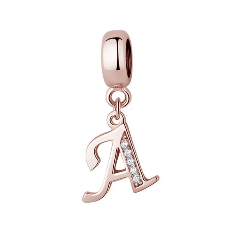 Letter Charms Initial A-Z Alphabet Beads, Rose Gold 925 Sterling Silver Dangle CZ Pendant, Gifts for European Charm Bracelet